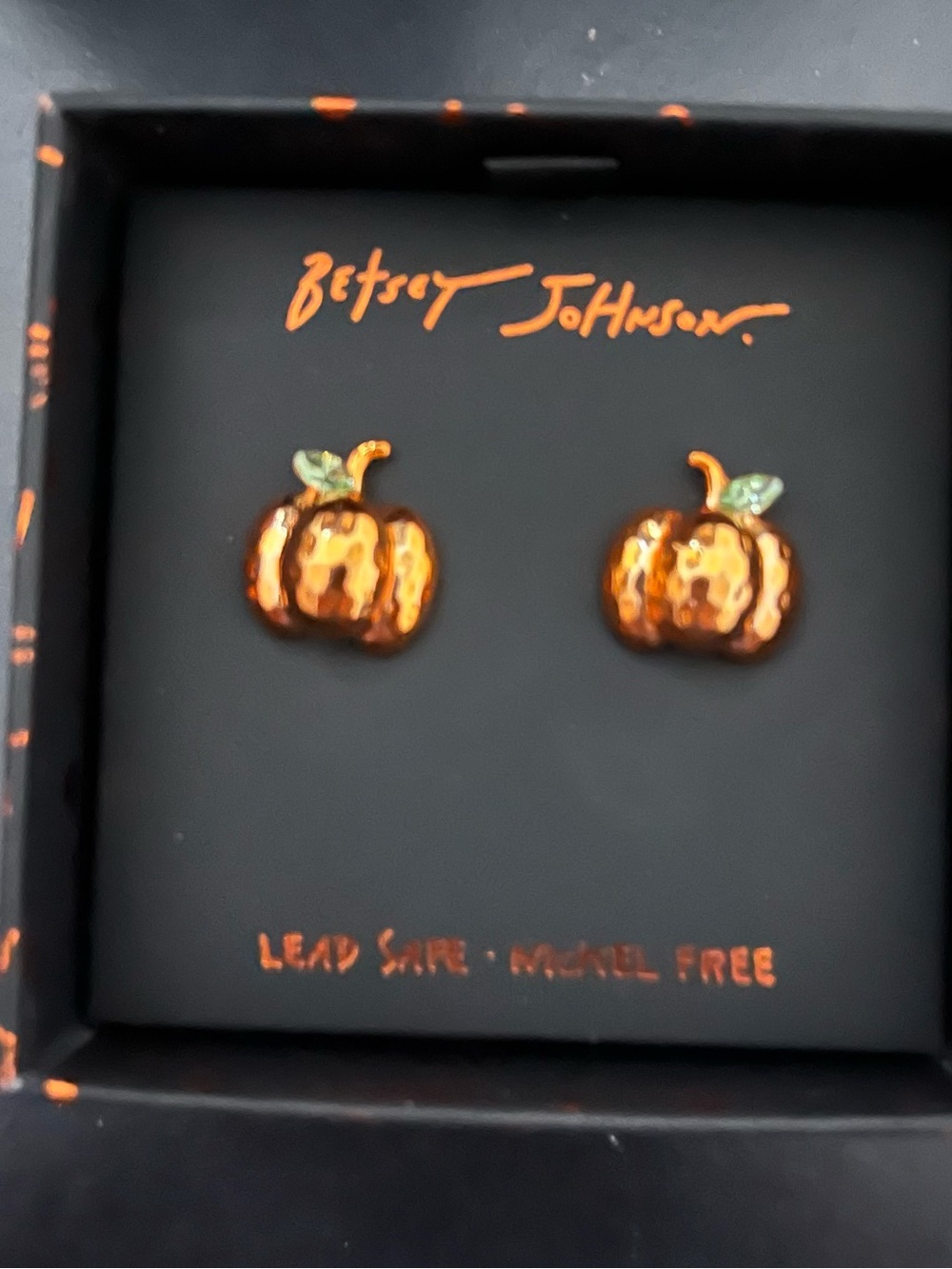 Betsey Johnson Orange Pumpkin Stud Earrings with Green Leaf Accents